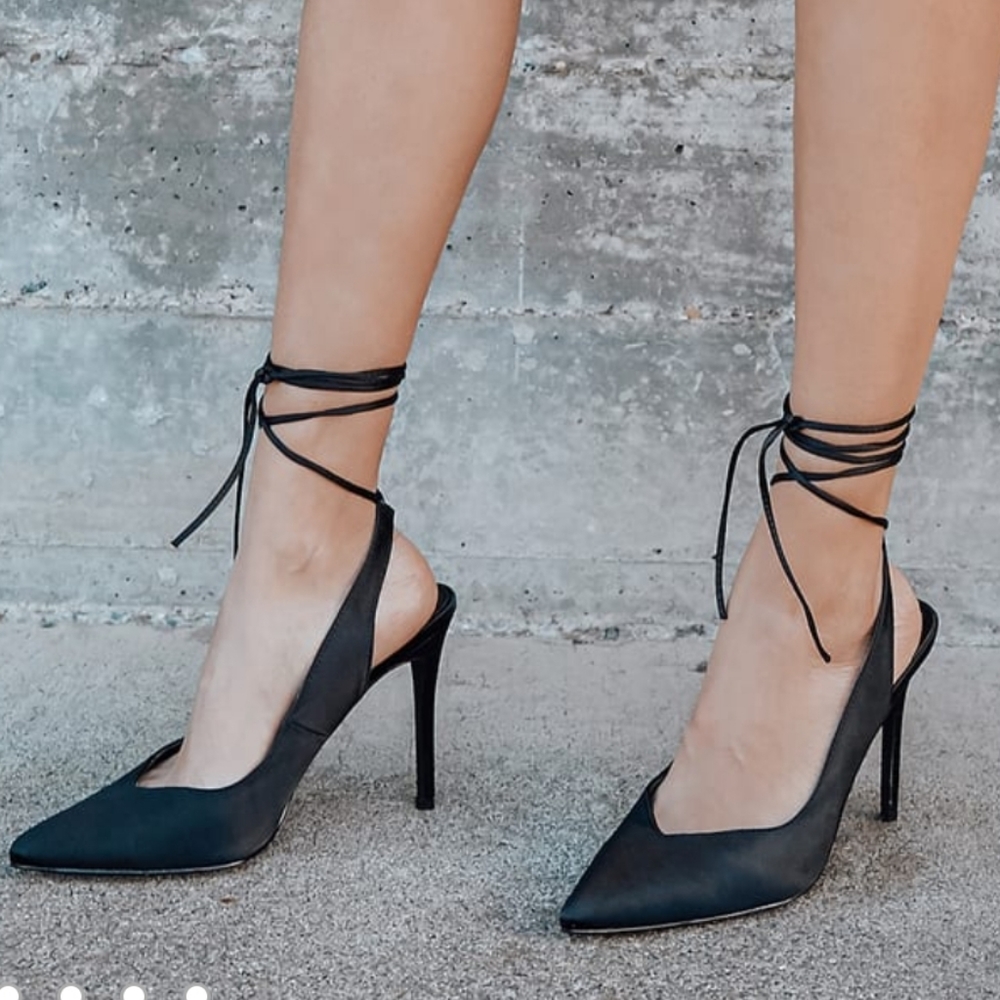 Black satin lace up heels